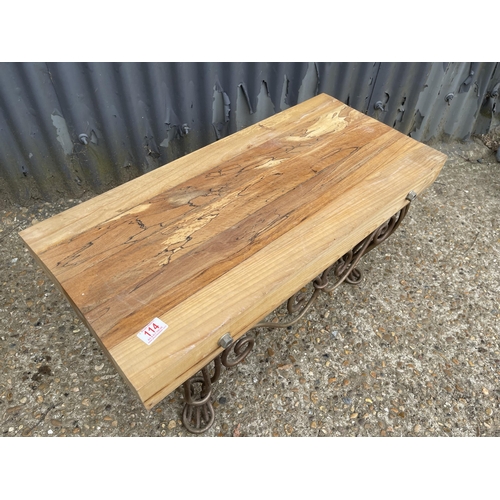 114 - A bespoke coffee table with heavy elm plank top and iron base 80x 40x40