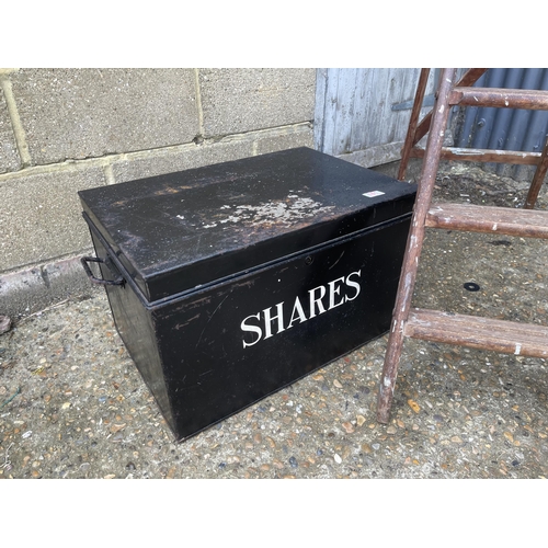 181 - A vintage metal deed box together with a pair of wooden steps