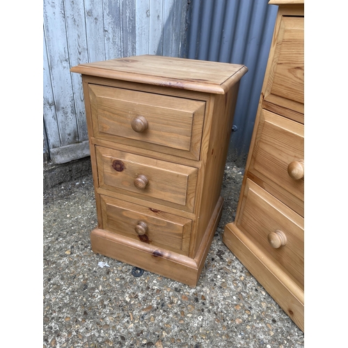 201 - A pine three drawer kneehole desk together with a three drawer bedside