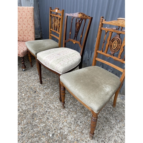 208 - A red pattern bedroom chair together with three Edwardian inlaid chairs