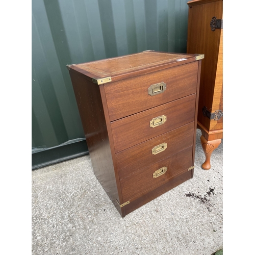 64 - Military style mahogany chest of four drawers together with repro yew cupboard