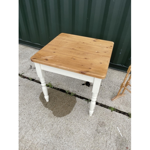 66 - Square pine kitchen table with white painted legs together with pine airer 80 x 80 x 77 cms