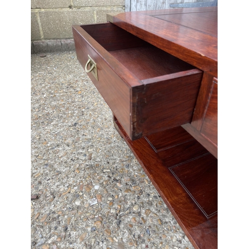 91 - A hardwood military style three drawer coffee table