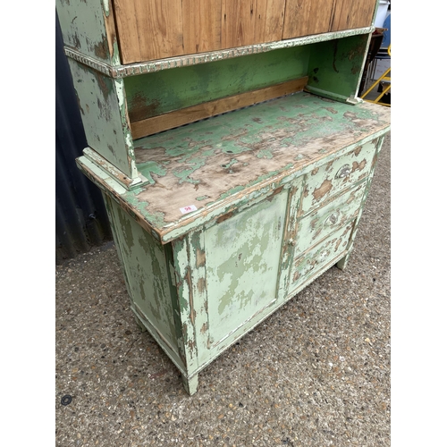 98 - A vintage green painted pine dresser with cupboard top and three drawer base 120x50x198