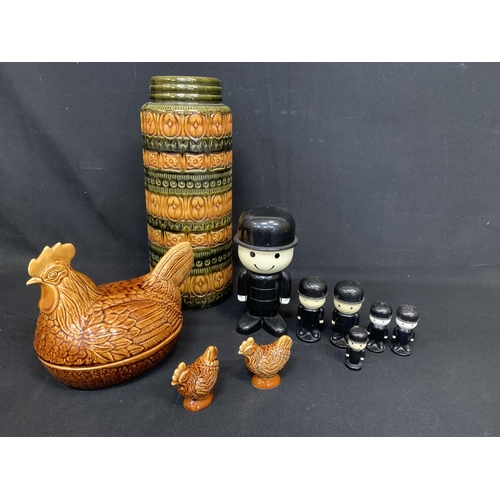 666 - Prices Hen egg caddy and cruet, Homepride men and West German pottery vase