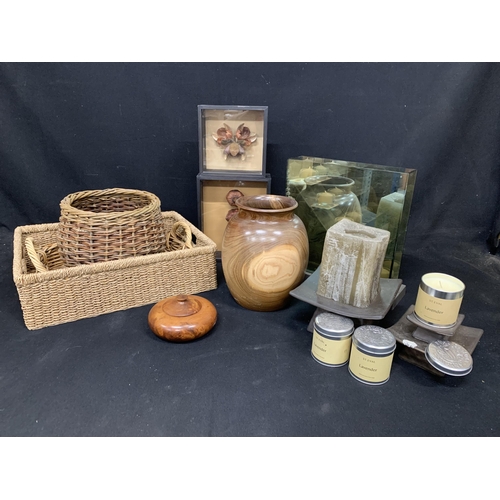 776 - Basketware, wooden vase and decorative candles