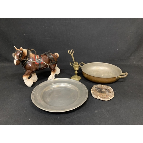 781 - Shire Horse Figure, metalware and specimen stone