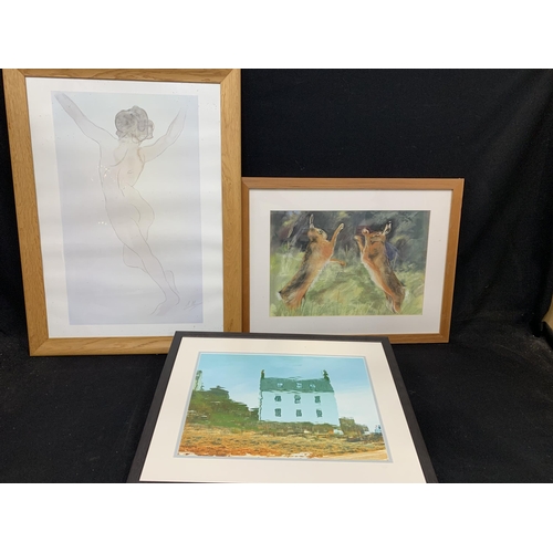 784 - Pastel on paper of Boxing Hares by Jackie Chinn overall 65 x 50 cms, Nude drawing and print of cotta... 