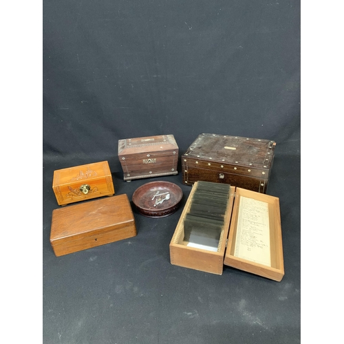 793 - Two Rosewood boxes and three other boxes, one with slides