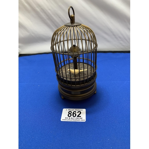 862 - Brass Automaton Bird Cage Clock, running,  height 15 cms