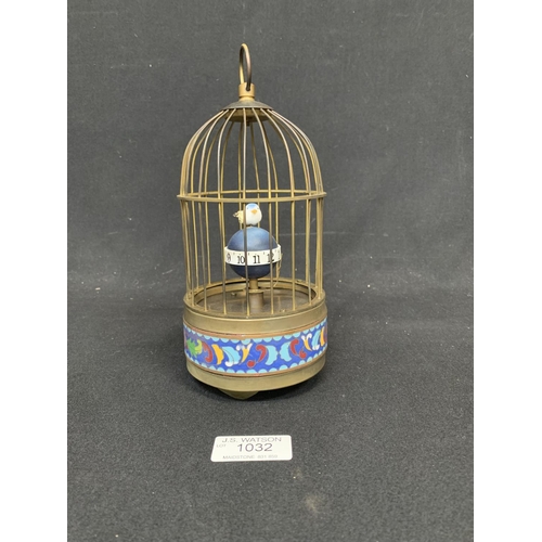 1032 - A Brass & Cloisonné Automaton Bird Cage Clock height 22 cms, running