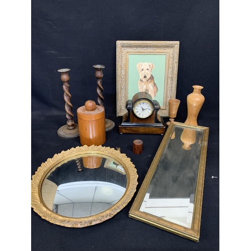 1046 - Two gilt framed mirrors, pair of twist candlesticks, Clock, woodenware  and painting of dog