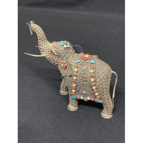 556 - Indian silver Elephant studded with Jade, turquoise and coral, height 10cms, length 12cms