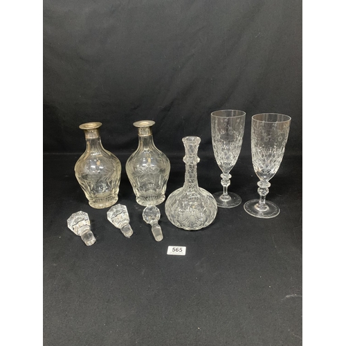 565 - Pair cut glass Decanters with silver collars (1 cracked) cut glass Decanter, 2 large cut glass goble... 