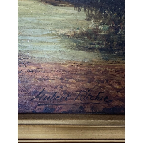 627 - 2 gilt framed oils - largest labelled Trossachs, Scotland, Sydney Johnson, 46 x 56cms, second Signed... 