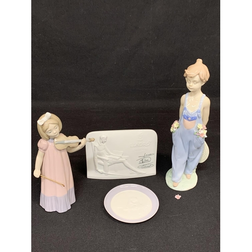 707 - Lladro:- Girl figure, Plaque and dish, plus NAO Violin girl