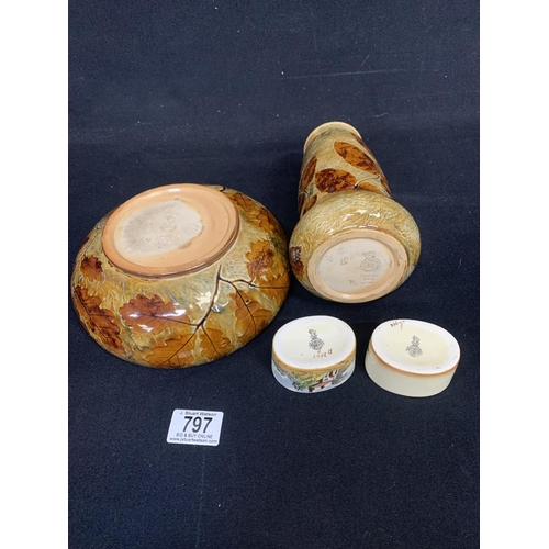 797 - Royal Doulton leaf pattern vase height 20cms, and oak leaf bowl diameter 20 cms plus two cottage sce... 