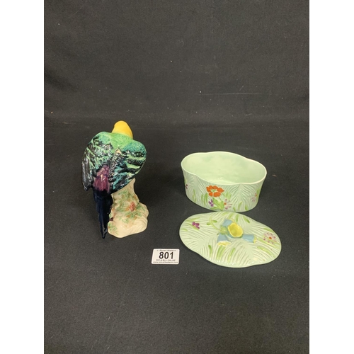 801 - Beswick parrot figure no 930 height 15 cms and Beswick lidded pot no 875 (no damage)