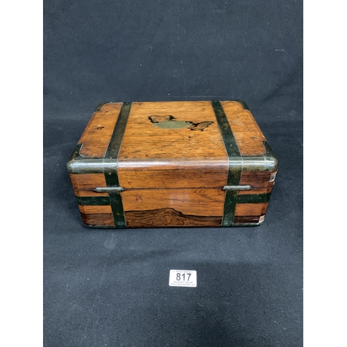 817 - Victorian Brass Bound Rosewood Travelling Box with red leather interior and Bramah lock (no key) 30 ... 