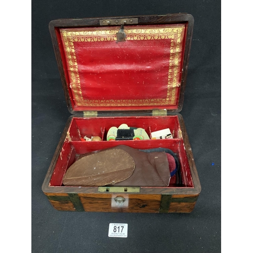 817 - Victorian Brass Bound Rosewood Travelling Box with red leather interior and Bramah lock (no key) 30 ... 