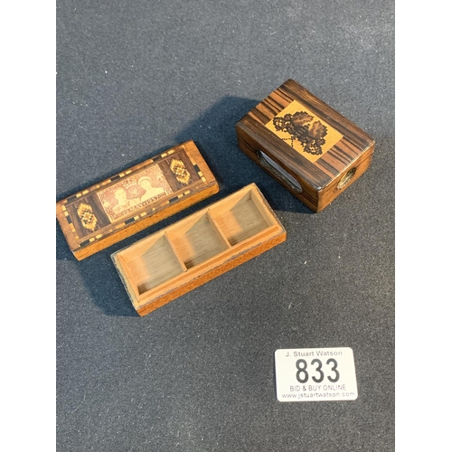 833 - Tunbridge Ware Stamp Box with three internal compartments and Matchbox Cover mosaic of a Butterfly