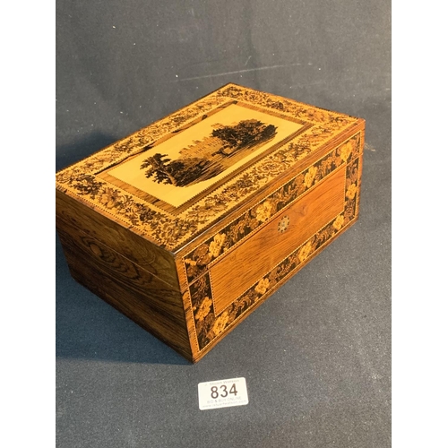 834 - Tunbridge Ware Needlework Box with mosaic decoration and centre panel depicting Warwick Castle, Comp... 