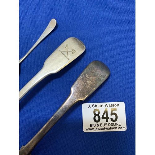 845 - A Pair of Georgian Hallmarked Crested Dessert Spoons & one small Coffee Spoon, total weight 2.6 ozt