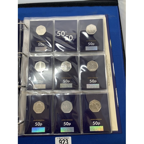 923 - Album containing full set 2018 Alphabet 10p Coins, 50th Anniversary Set of  26 50p Coins, 2022 King ... 