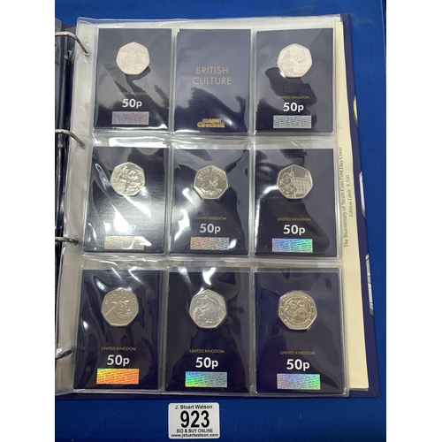 923 - Album containing full set 2018 Alphabet 10p Coins, 50th Anniversary Set of  26 50p Coins, 2022 King ... 