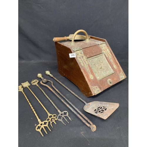 949 - Brass and mahogany Coal Box with metal liner & shovel, two fire irons and three toast forks