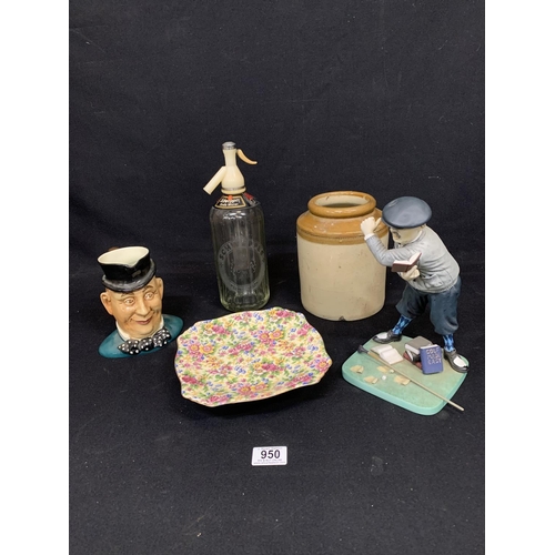 950 - Winton Comport, Sylvac Micawber Toby, Syphon, Stoneware jar and Golfing Figure