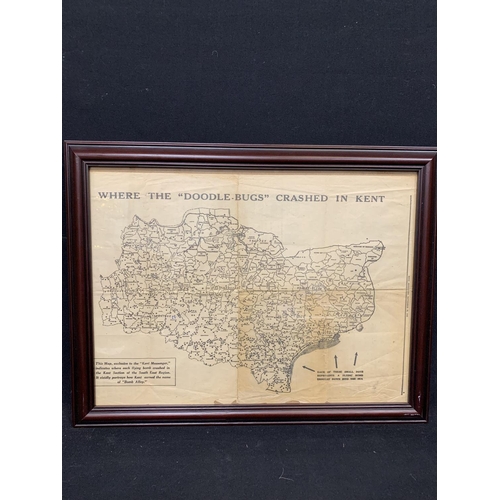 987 - Vintage Kent Messenger Framed Map of Where the Doodle-Bugs crashed in Kent