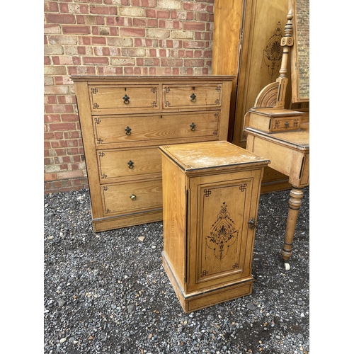 1 - An Aesthetic Movement Pollard Oak Four piece bedroom suite, consisting of a chest of five drawers, d... 