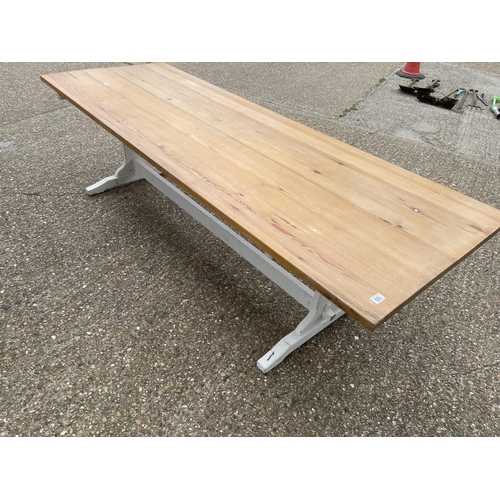 105 - A large solid pine refectory style dining table 260x90 base painted white