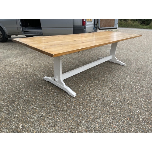 105 - A large solid pine refectory style dining table 260x90 base painted white