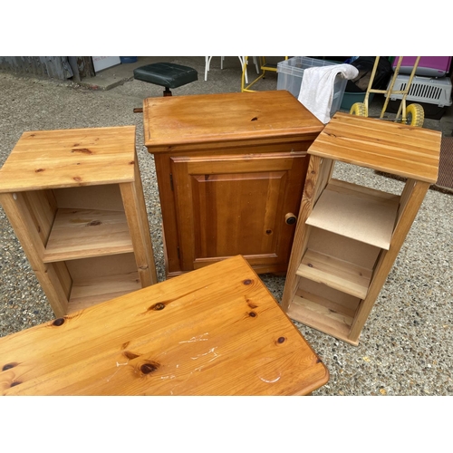 141 - Pine chest, pine cupboard and two pine shelves