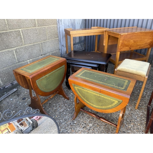 181 - Two oak trollies, pair of yew side tables, two nests of three, stool and two other small tables