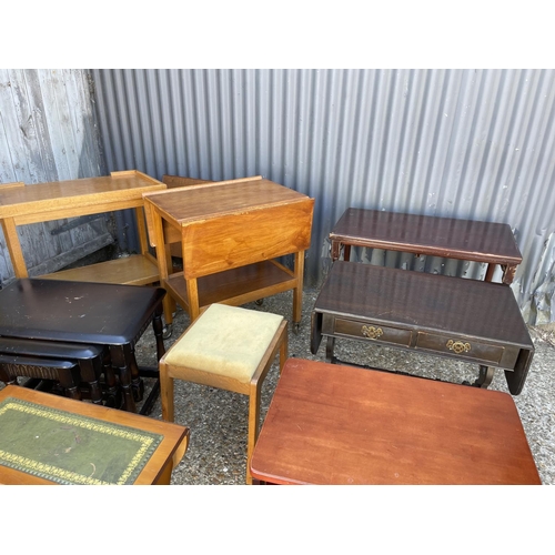 181 - Two oak trollies, pair of yew side tables, two nests of three, stool and two other small tables