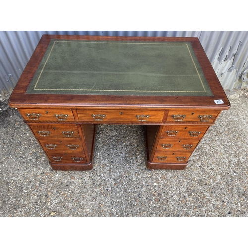 208 - A compact size Edwardian mahogany twin pedestal desk with green leather top and brass handles   103x... 