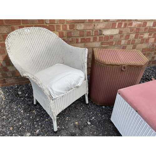 22 - A white Lloyd loom chair, ottoman and pink linen box