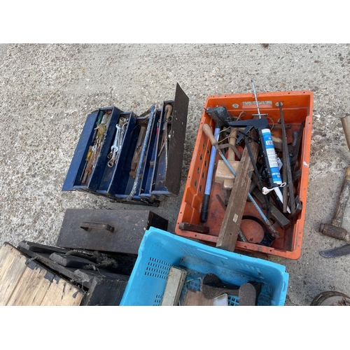 229 - A collection of vintage tools including choppers, lantern, tool boxes etc