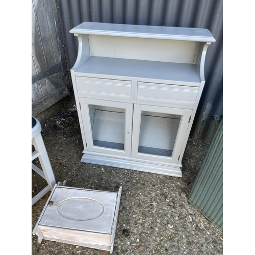 241 - A blue linen box together with a grey painted bathroom cabinet, smaller wall cabinet and a kitchen s... 