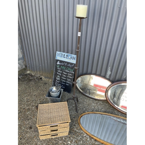 252 - Iron candle holder, three oval mirrors, filing drawers, metal tins and sign