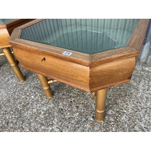 279 - A pair of mahogany collectors cabinets raised on wooden legs, both with key 80x80x64