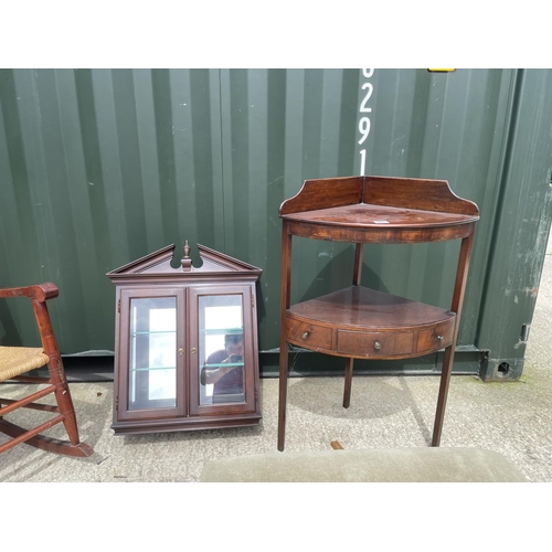 288 - A Georgian corner washstand, low stool, wall cabinet, and a rocker chair