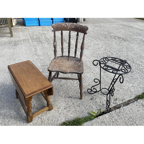 303 - Country kitchen chair, oak drop leaf table and ironwork plant stand