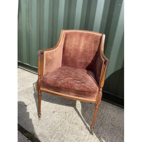 314 - A pair of Edwardian inlaid salon chairs upholstered in brown