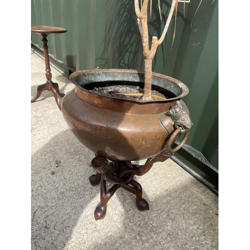 318 - A copper planter with house planted on folding hardwood stand