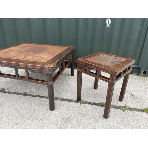 328 - A large oriental style hardwood coffee table 90x90 together with two matching lamp tables