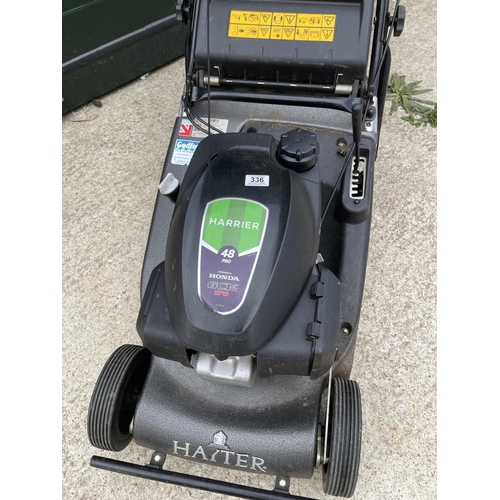 336 - HAYTER harrier 48 lawn mower approx 2 years old, serviced regularly with handbook